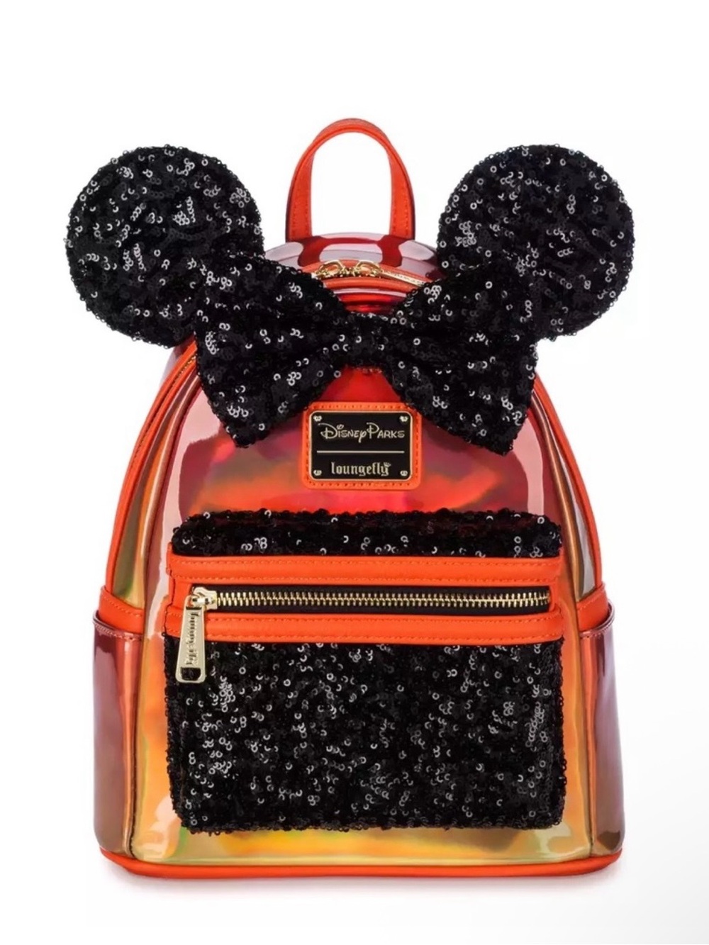 Loungefly Orange Iridescent Minnie Ear Backpack with Black Sequin Bow